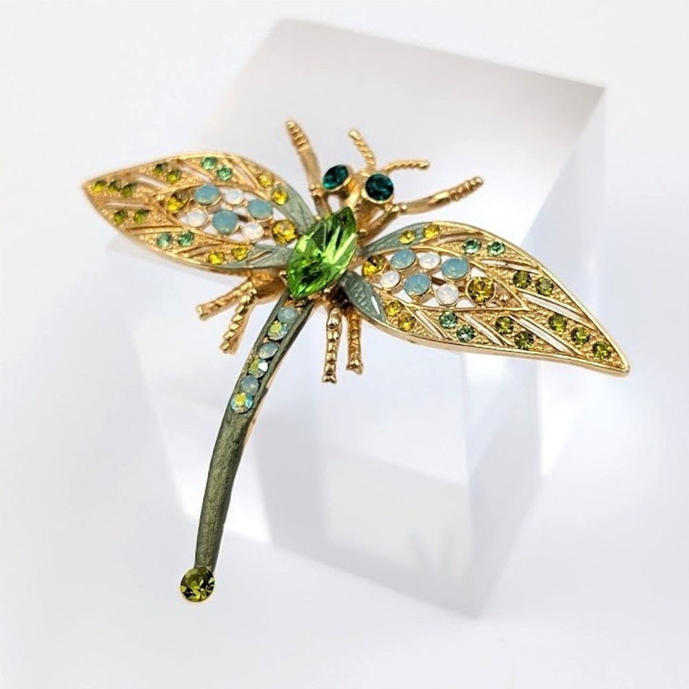 Rhinestone Dragonfly Brooch Gold Tone Green Blue Pin Botanical Nature Garden